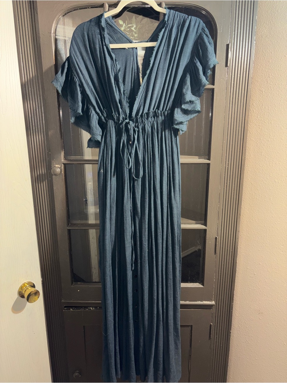 Aakaa Teal Blue Maxi Dress with Ruffle Sleeves